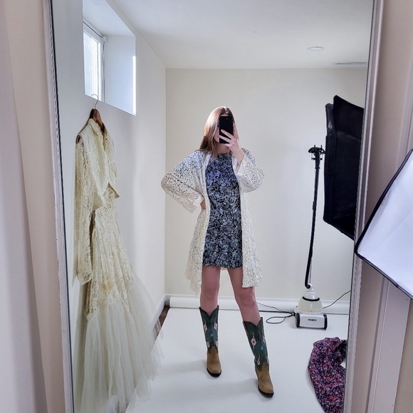 Vintage Lace Robe Bell Sleeve Long belted peignoir satin angel kimono duster - Picture 4 of 17